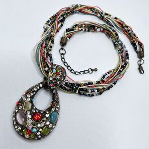 Statement Seed Beaded Cat Eye Glass Bezel Set Pendant Boho Statement Necklace